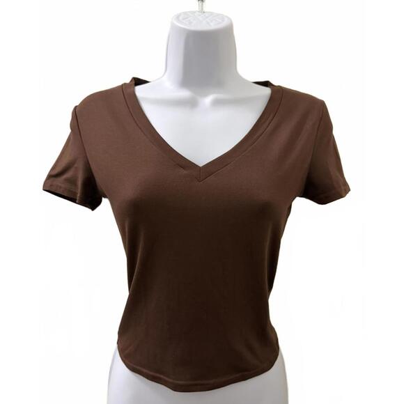 Tops - V-neck Fitted Shirt in Brown (X-SMALL)
